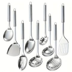   9 darabos Rozsdamentes acél konyhai főzőeszköz készlet spatulával, szűrővel és merőkanállal 601099698672411