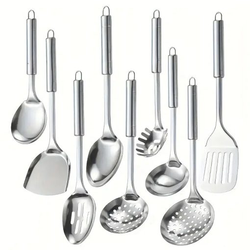 9 darabos Rozsdamentes acél konyhai főzőeszköz készlet spatulával, szűrővel és merőkanállal 601099698672411