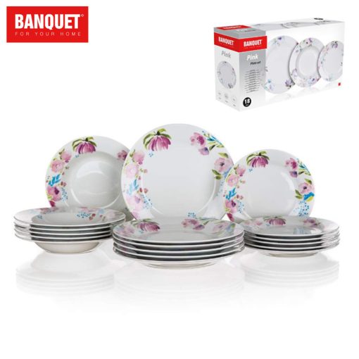 BANQUET Porcelán tányérkészlet Pink flowers, 18 részes 60311123