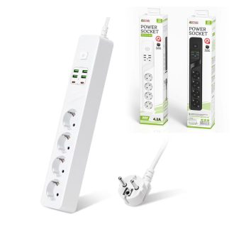   Hálózati elosztó , 4 aljzat 4xUSB 5V/4.2A, 2xType-C 4A 2 méter, 3000W túlterhelés elleni védelem BKL-03EU