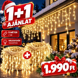   Karácsonyi LED jégcsap fényfüzér, 5 méter, melegfehér világítással, 1+1 ajánlat DN-75MF-1p1