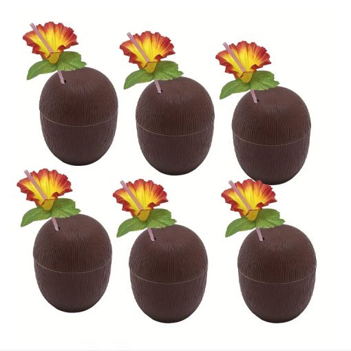 Trópusi kókuszdió pohár – 6 darabos szett hibiszkusz virággal és szívószállal FA2540717