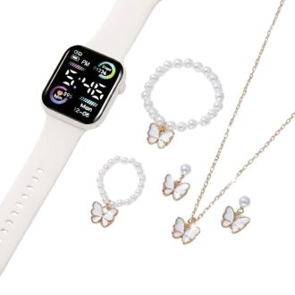   6 Részes Női Digitális Óra és Pillangós Ékszer Szett - Fehér/Arany HF6259183