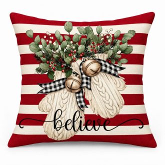   Karácsonyi díszpárnahuzat csengő és Believe feliratú mintával, piros-fehér, 45 × 45 cm POD182