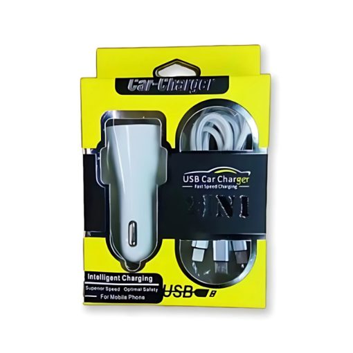 Autós szivargyújtó töltő | 2 x USB | 3 fajta kábel: micro; type c és iPhone | fehér SLH4304