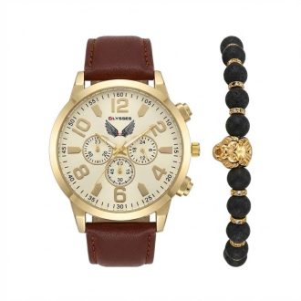   ULYSSES "Golden Jaguar" Férfi Karóra és Karkötő Ajándékszett – Arany/Bordó ULY3AB