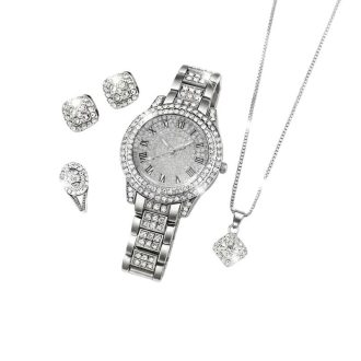   5 Részes Luxus Női Karóra és Ékszer Szett Strasszkövekkel - Ezüst Színben VJ9749671-S