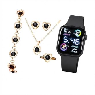   6 Részes Női Digitális Óra és Fekete Szíves Ékszer Szett - Fekete/Arany XQ6659509
