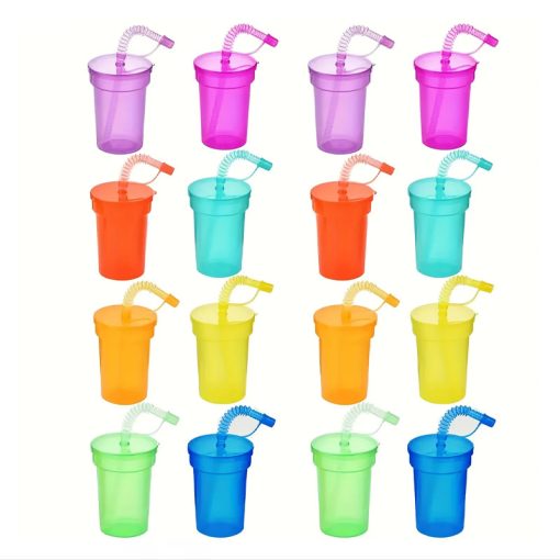 Neon színű parti pohár szett – 16 db, 380 ml, tetővel és szívószállal YL2284130